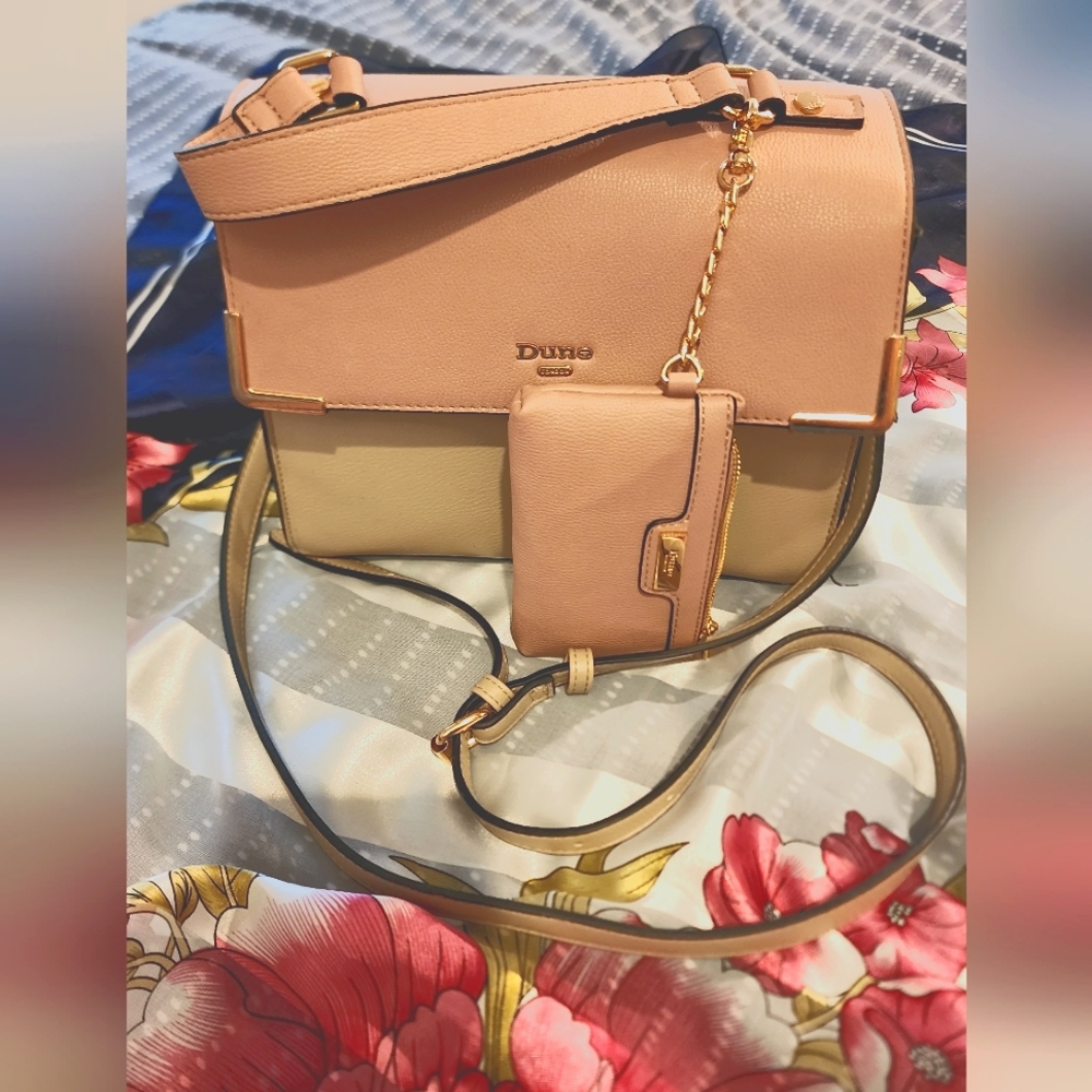 Dune pink, beige, and green colorblock hand bag with wallet attachment